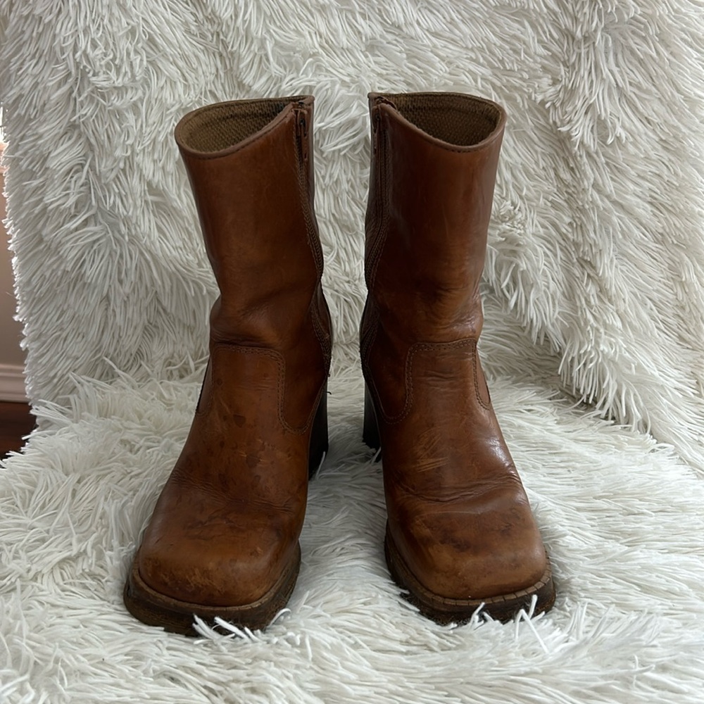 Brown leather square toed boots